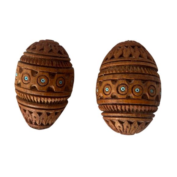 Ukranian Pysanka Wooden 2 Wooden Eggs on wooden matching plate - Picture 2 of 11